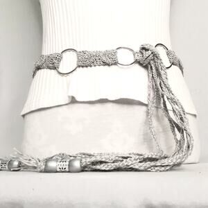 Handcrafted Silver Tone Gray Statement Chain Link Belt With Beaded Tassels